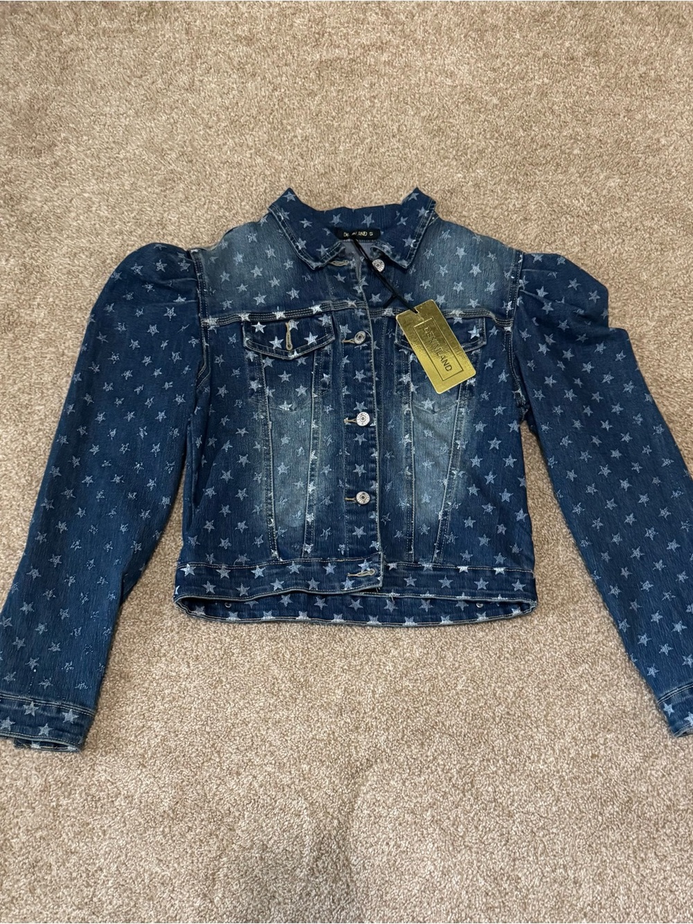 Girls' Star Print Dark Blue Denim Jacket - Puff Sleeve